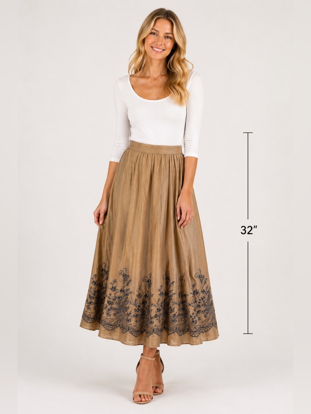 Sundance 100% Silk Embroidered Maxi Skirt Gray Floral Boho Romantic Size 4 - Picture 1 of 9